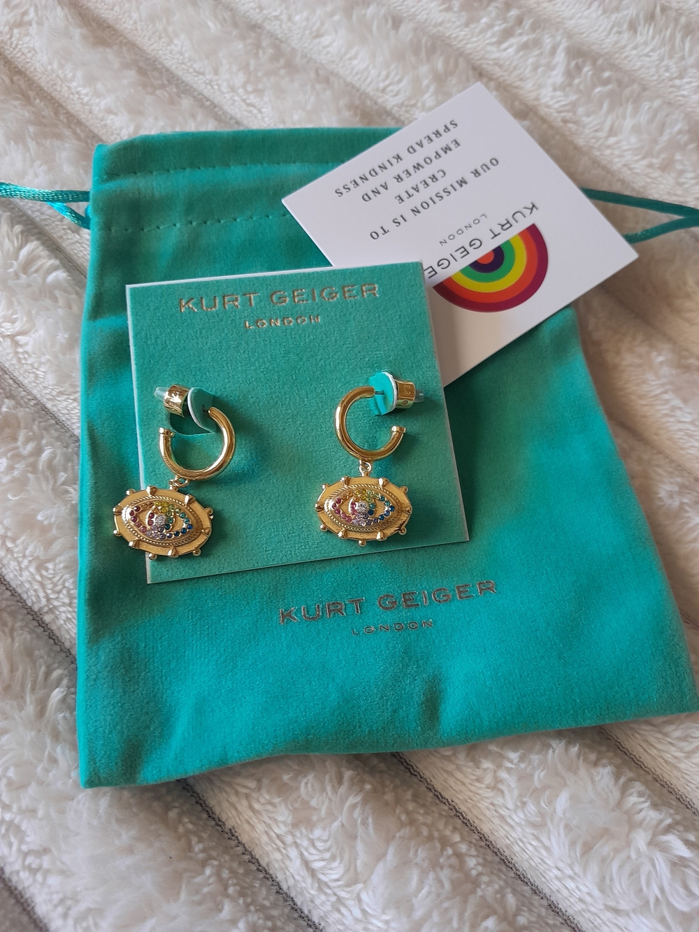 Kurt Geiger Rainbow Evil Eye Huggie Drop Earrings w Multicolor Crystal Charms - Picture 6 of 6